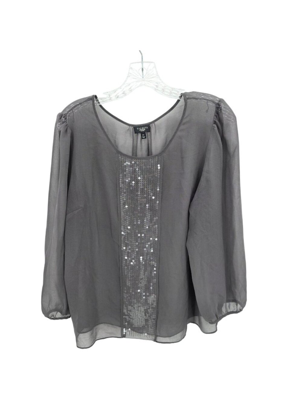 Talbots Blouse Womens 14P Gray Sequin Sheer Chiffon Party Top Holiday Evening